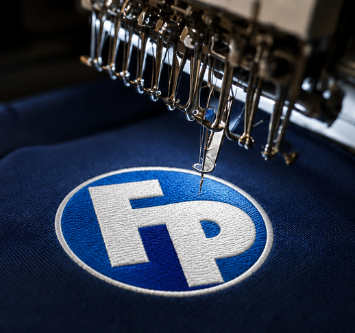 Embroidery machine stitching the FP logo