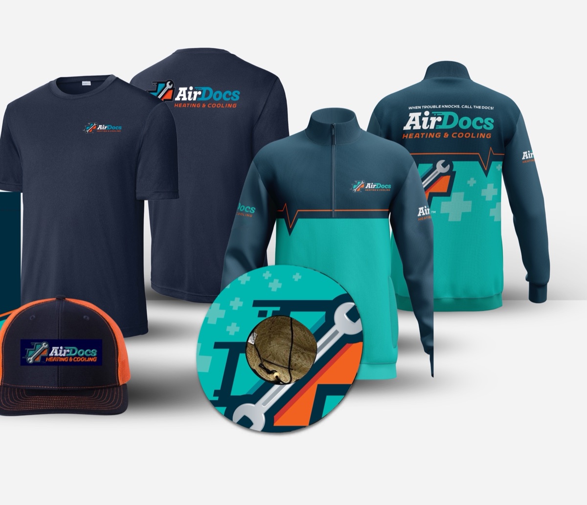 Branded shirts, jackets and cap designed for a local heating and cooling company