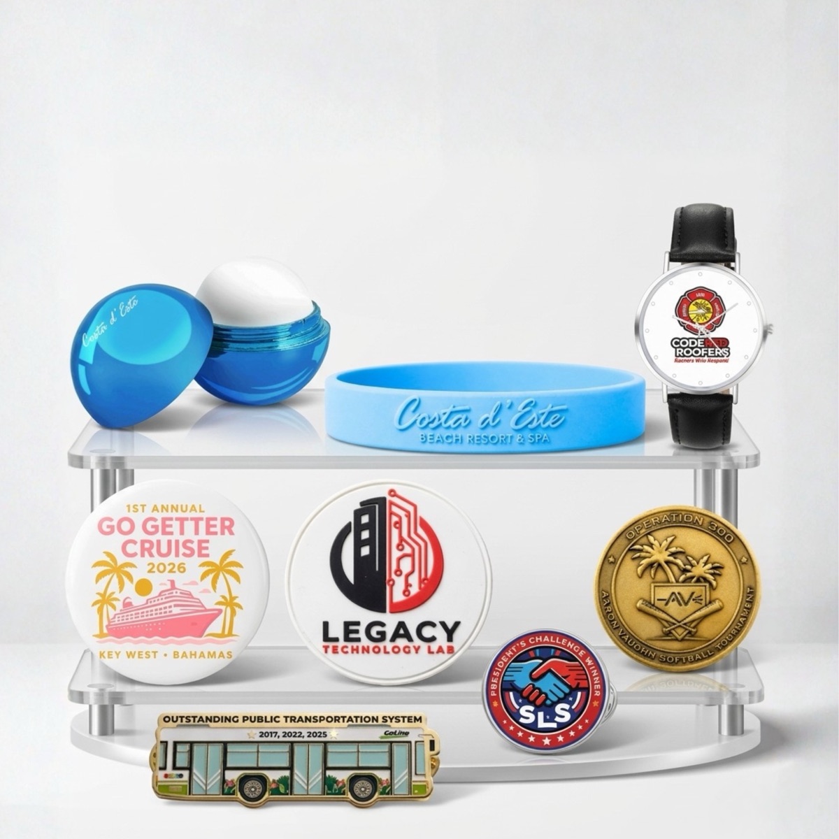 Branded lip balm, wristband, watch, buttons, lapel pins and a challenge coin