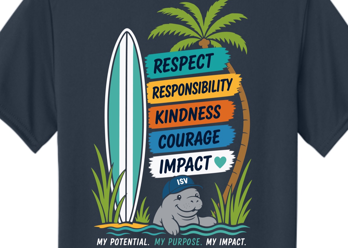 Navy t-shirt screen printed with a colorful palm tree, surfboard and manatee design