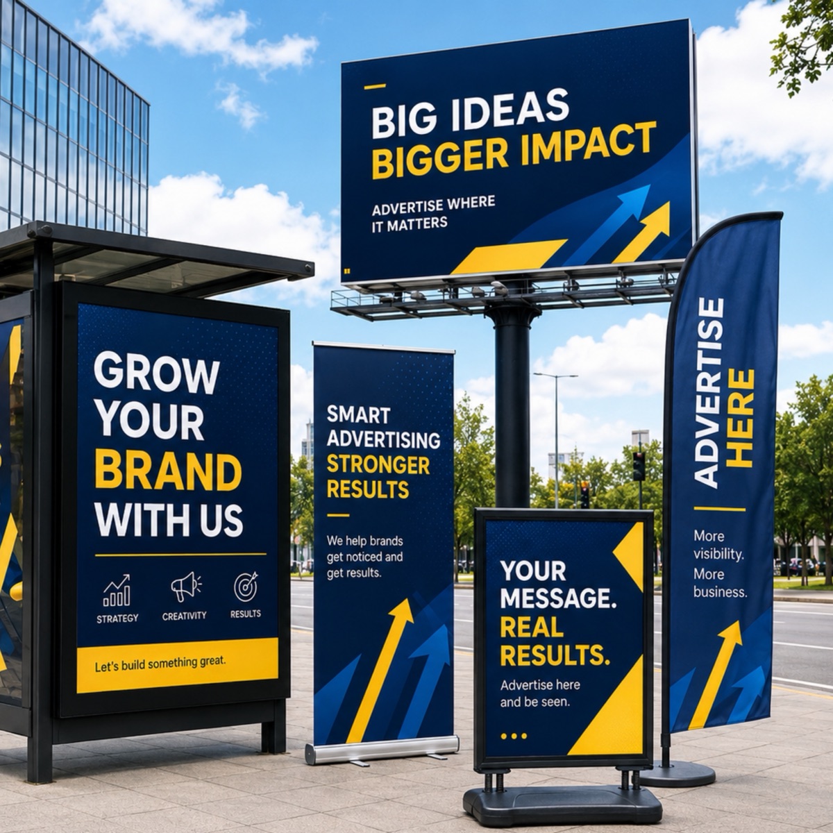 Billboard, bus shelter poster, roll-up banner and feather flag