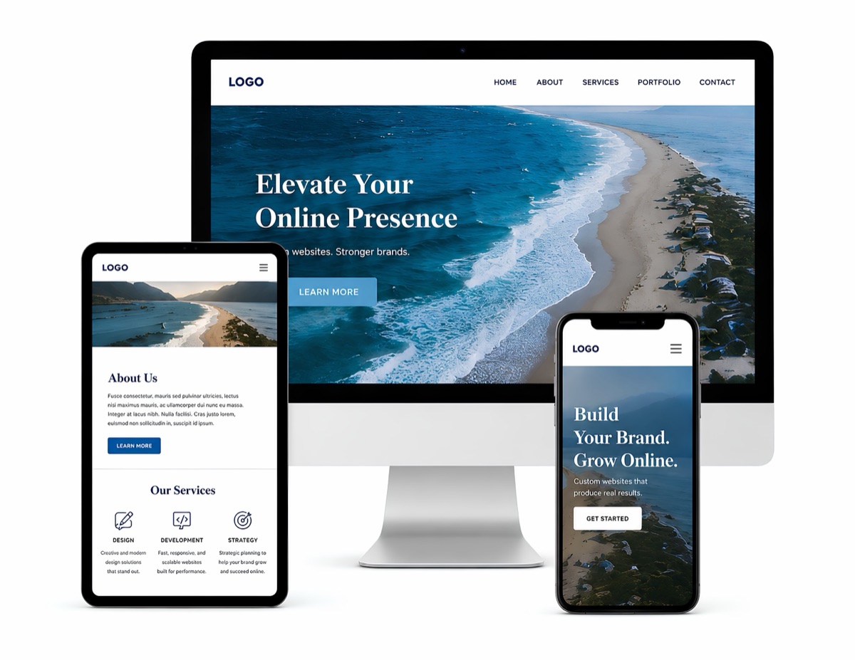 A custom website shown on a desktop monitor, tablet and phone